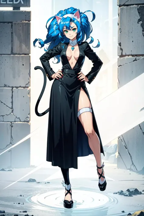 <lora:OGT_Felicia-v2:0.9> Felicia, 1girl, solo, felicia (vampire), big hair, animal ears, tail, long hair, blue hair, cat ears, animal hands, nun, green eyes, dress, cat tail, jewelry, necklace, habit, full body, claws, alternate costume, hand on hip, smile, mature woman, (masterpiece, Best Quality, Extremely Detailed, Ultra Quality, 4k)