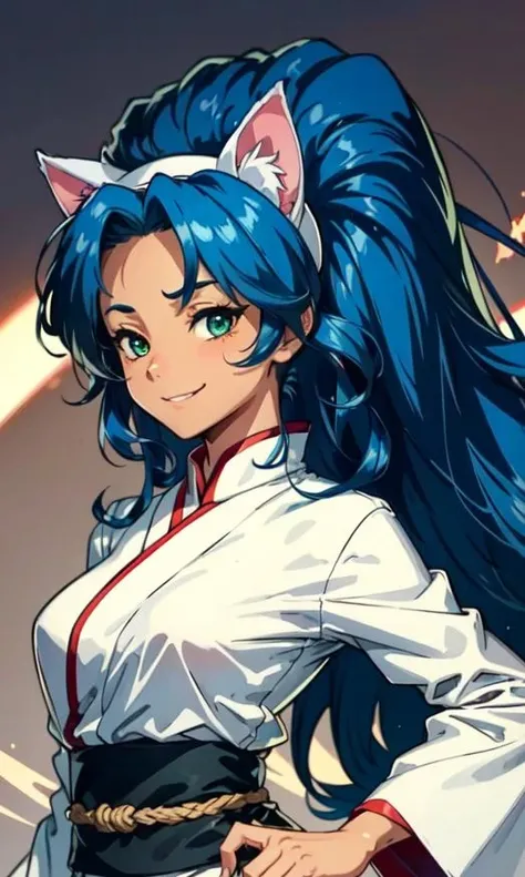 <lora:OGT_Felicia-v2:0.7> Felicia, 1girl, solo, drak skin, dark-skinned female, animal ears, long hair, felicia (vampire), tail, animal hands, japanese clothes, blue hair, big hair, cat ears, green eyes, japanese qipao, thighhighs, cat tail, sash, smile, claws, qipao, standing, fur, mature woman, (masterpiece, Best Quality, Extremely Detailed, Ultra Quality, 4k)