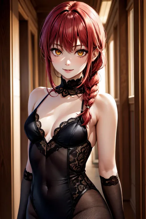 1girl, \(masterpice:1.3\), highres, high-detailed, high quality, \(solo\), 4k, cg, pixiv, \(perfect face and eyes\), detailed face, dynamic light,  intense shadows, intricate_details, <lora:more_details:0.5>, <lyco:GoodHands-beta2:1>,  <lora:chainsawmakima:0.7>,  makima, long hair, smile, bangs, (small breasts:1.2), (yellow eyes:1.2), braid, red hair, braided ponytail, ringed eyes, room, sexy, sensual, (modeling pose)