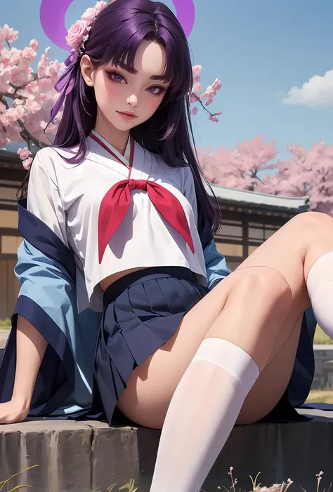 (masterpiece, best quality), 1girl, <lora:yutari_scarxzys:0.8> yukari, purple eyes, red eyeshadow, thick eyebrow, purple hair, very long hair, parted bangs, pink flower, hair flower ornament, halo, japanese clothes, long sleeves, wide sleeves, open kimono, serafuku, red neckerchief, navel, blue skirt, pleated skirt, white kneehighs, geta