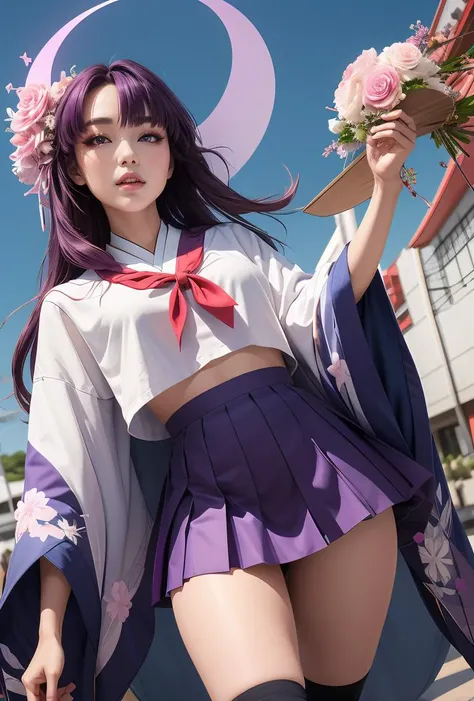 (masterpiece, best quality), 1girl, <lora:yutari_scarxzys:0.8> yukari, purple eyes, red eyeshadow, thick eyebrow, purple hair, very long hair, parted bangs, pink flower, hair flower ornament, halo, japanese clothes, long sleeves, wide sleeves, open kimono, serafuku, red neckerchief, navel, blue skirt, pleated skirt, white kneehighs, geta