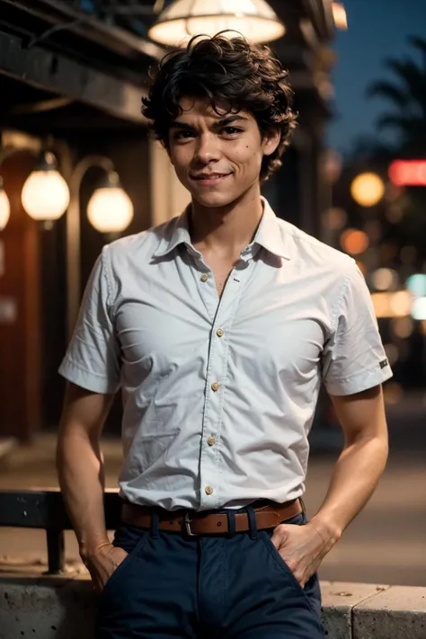 <lora:mdluffy:1.0>MDLuffy, a young man, blurry background, realistic, smile, grin, blue pants, full body view, black suit, red tie, white shirt, night club, night, city lights, bokeh