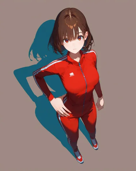 score_9_up score_8_up score_7_up, source_anime, source_anime, rating_safe,
wide angle, from above, looking at viewer,
1girl, red tracksuit, medium hair, bangs, brown hair,
hand in waist,
flat background, no background, simple background,