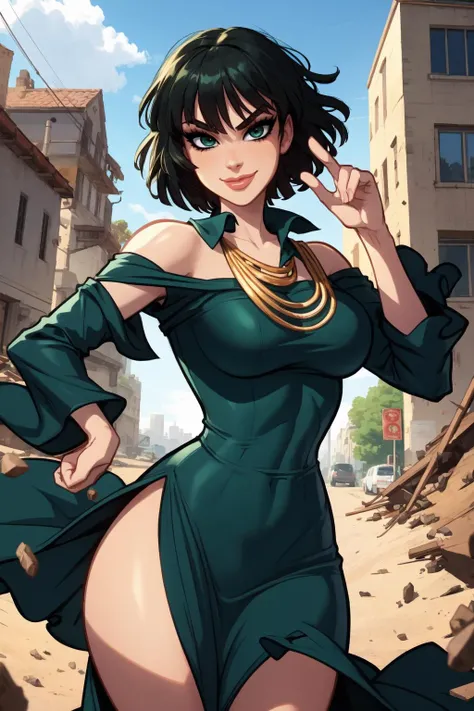 (1girl:1.3), (solo:1.2), curvy, (masterpiece:1.2), (best quality:1.2), (dynamic pose:1.4), (happy:1.2), smile, (closed mouth:1.2)
<lora:BlushySpicy [MockAi - v1.0]:0.8> blushyspicy, thick lineart, cute, pinup, vibrant colors, (large breasts:1.4), (cowboy shot:1.2), <lora:Fubuki [nochekaiser881 - v1.0]:1> fubuki, black hair, green eyes, short hair, black dress, dress, high collar, jewelry, necklace, off shoulder, taut clothes, taut dress, (post fight scenery:1.3), rubble, outside, daylight