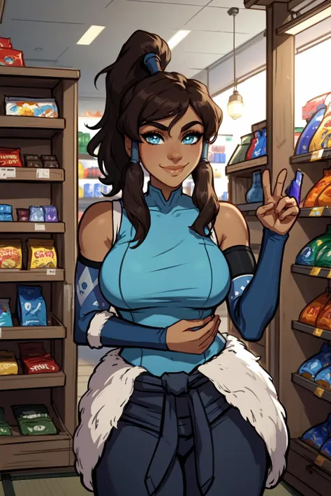 (1girl:1.3), (solo:1.2), curvy, (masterpiece:1.2), (best quality:1.2), (dynamic pose:1.4), (confident:1.2), smile
<lora:BlushySpicy [MockAi - v1.0]:0.8> blushyspicy, thick lineart, cute, pinup, vibrant colors, (large breasts:1.4), (cowboy shot:1.2), <lora:Korra [Konan - v2.0]:0.8> korra, long hair, (brown hair:1.2), black hair, blue eyes, ponytail, dark skin, dark-skinned female, topknot, (hair tubes:1.4), fur-trimmed jacket around waist, (blue halterneck top:1.3), armlet, vambraces, (bare shoulders:1.3), (arm_warmers:1.3), sleeveless, (japanese convenience store:1.4), (inside:1.3), modern, (konbini), shelves, groceries,