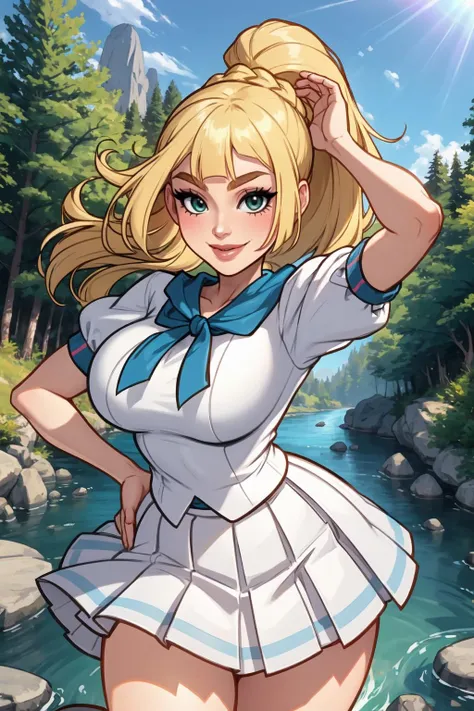 (1girl:1.3), (solo:1.2), curvy, (masterpiece:1.2), (best quality:1.2), (dynamic pose:1.4), (confident:1.2), smile
<lora:BlushySpicy [MockAi - v1.0]:0.8> blushyspicy, thick lineart, cute, pinup, vibrant colors, (large breasts:1.4), (cowboy shot:1.2), <lora:Lillie [h_madoka - v1.0]:0.7> aalillie, long hair, ponytail, french braid, blonde hair, white shirt, short sleeves, white skirt, pleated skirt, (secluded river scenery:1.2), (sunlight through trees:1.3), daylight,natural rock formations, nature,