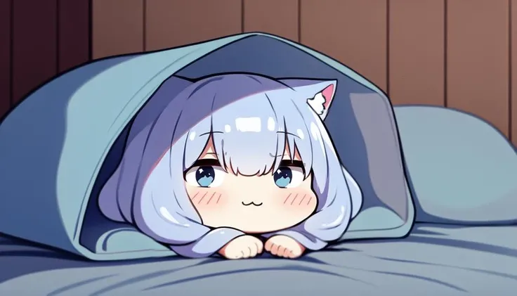 solo, masterpiece, 8k, solo, standing, cute, oversized clothes, chibi, kawaii, large eyes, chubby hands, slime hair, blue slime, cat ears, hiding in blanket, bed