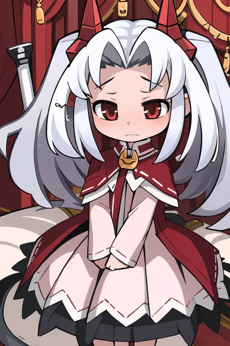 masterpiece, 1girl, elma, silver hair, red horns, red eyes, dress