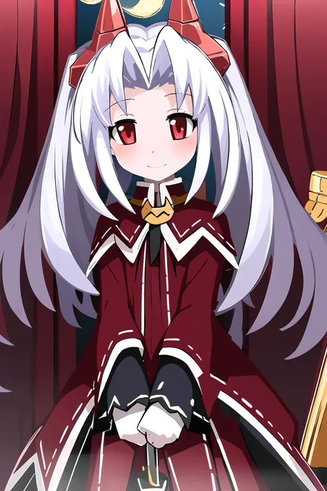 masterpiece, 1girl, standing, elma, red eyes, silver hair, smile, blush, red horns, throne room, red curtains, golden trim, window, night, stars, moon, highly detailed, best quality