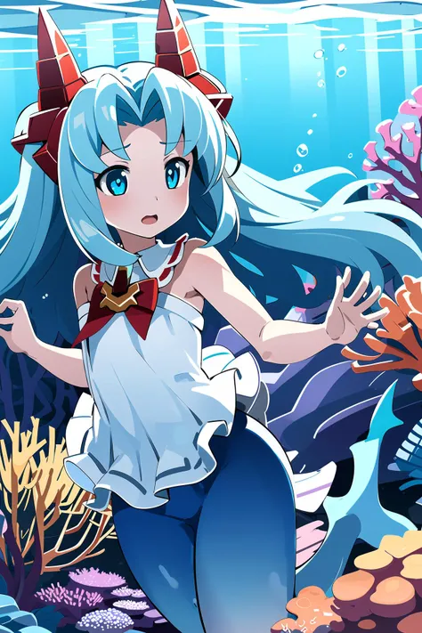 masterpiece, 1girl, elma, aqua hair, red horns, seashell dress, mermaid clothes, underwater, coral reef, blue eyes, under the sea, blue and white dress, shells