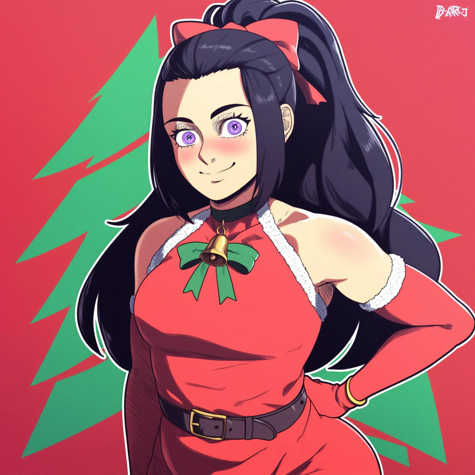 score_9, score_8_up, score_7_up, score_6_up, score_5_up, score_4_up, source_cartoon, D-art Style, @18dart3, d-art, masterpiece, best quality, 1girl, solo, long_hair, looking_at_viewer, wide hips, ((upper body)), chubby, blush, smile, detailed face+blue_eyes, indoor, black_hair, gloves, dress, ribbon, bare_shoulders, very_long_hair, purple_eyes, hair_ribbon, ponytail, elbow_gloves, belt, bracelet, hand_on_hip, bell, christmas, red_gloves, santa_costume. <lora:D-ART_XL:1>
