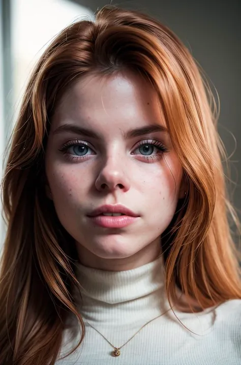 detailed and realistic close portrait of lucillaj-150, 25 yo, blue eyes, red_hair, long_hair, closed_mouth, lips, smile, long_hair, looking_at_viewer, wearing a black sweater, turtleneck, shot outside, soft natural lighting, portrait photography, magical photography, dramatic lighting, photo realism, ultra-detailed, intimate portrait composition, Leica 50mm, f1. 4 <lora:add_detail:0.25>