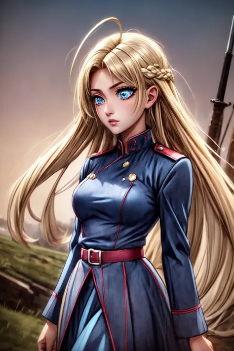 (detailed eyes:1.3), Beautiful Lighting, (1girl:blue  eyes, blonde hair, absurdly long hair, hair between eyes, ahoge), (real skin), <lora:l - L| :1>, <lora:y:1>,  outdoors, 
 <lora:Lkn_Down_512_default_v3:0.8>, fighting a war on the trenches, waist up shot, centered, detailed, sad, sword, distant, (lkn_down:1.2), looking away, (military uniform:1.2), holding sword,