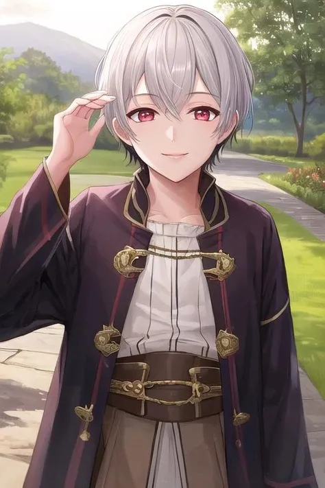 masterpiece, best quality,highres,highly detailed, <lora:mMorganFE10:0.8>,mmorganfe,short hair, 1boy,smile, outdoors,robe,outdoors,white hair, red eyes,