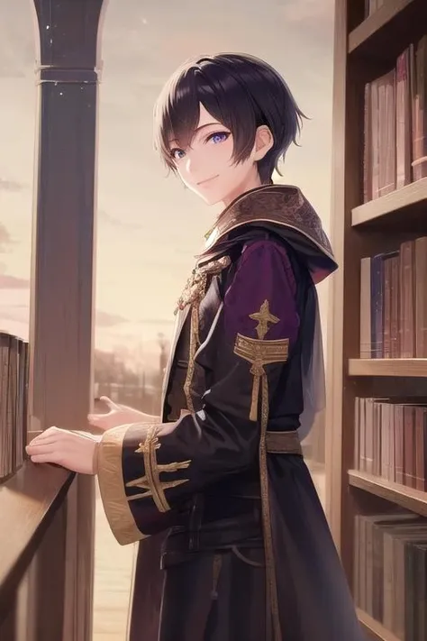masterpiece, best quality,highres,highly detailed, <lora:mMorganFE10:0.8>,mmorganfe,short hair, 1boy,smile, outdoors,robe,library,