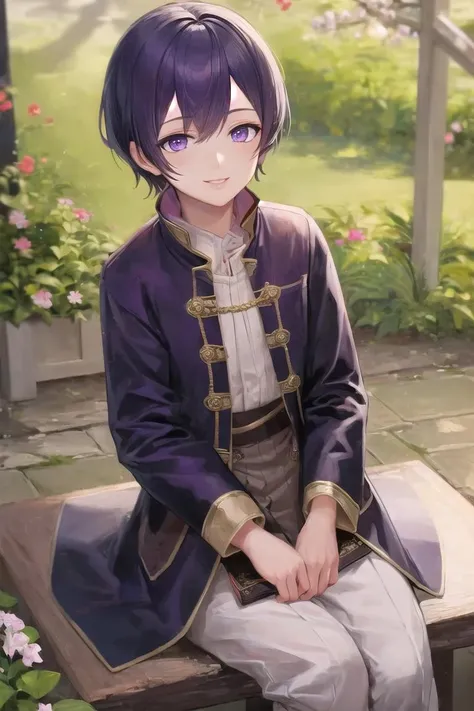 masterpiece, best quality,highres,highly detailed, <lora:mMorganFE10:0.8>,mmorganfe,short hair, 1boy,smile, outdoors,robe, grey eyes, purple hair,