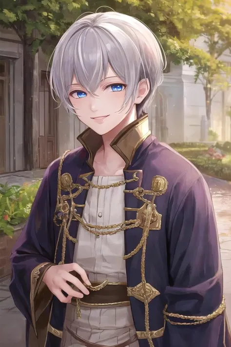 masterpiece, best quality,highres,highly detailed, <lora:mMorganFE10:0.8>,mmorganfe,short hair, 1boy,smile, outdoors,robe, blue eyes, white hair,