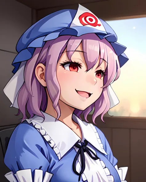 <lora:concept_yaju_no_gankou:1>, (saigyouji_yuyuko:1.2), chicken or lampray, concept_yaju_no_gankou, smile, upper body, close-up, open mouth, sky, blurry background, depth of field, zun hat, <lora:yuyuko:0.5>, <lora:corgi_v1:-0.3>, from side