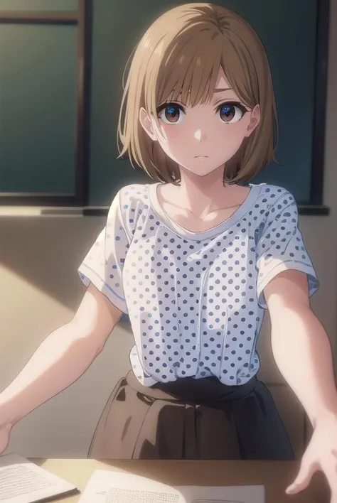 bleachyuzu, <lora:bleachyuzu-lora-nochekaiser:1>,
yuzu, short hair, brown hair, (brown eyes:1.5),
BREAK shirt, short sleeves, shorts, polka dot, white shorts,
BREAK looking at viewer, full body,
BREAK indoors, classroom,
BREAK <lyco:GoodHands-beta2:1>, (masterpiece:1.2), best quality, high resolution, unity 8k wallpaper, (illustration:0.8), (beautiful detailed eyes:1.6), extremely detailed face, perfect lighting, extremely detailed CG, (perfect hands, perfect anatomy),