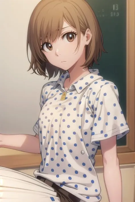 bleachyuzu, <lora:bleachyuzu-lora-nochekaiser:1>,
yuzu, short hair, brown hair, (brown eyes:1.5),
BREAK shirt, short sleeves, shorts, polka dot, white shorts,
BREAK looking at viewer, full body,
BREAK indoors, classroom,
BREAK <lyco:GoodHands-beta2:1>, (masterpiece:1.2), best quality, high resolution, unity 8k wallpaper, (illustration:0.8), (beautiful detailed eyes:1.6), extremely detailed face, perfect lighting, extremely detailed CG, (perfect hands, perfect anatomy),