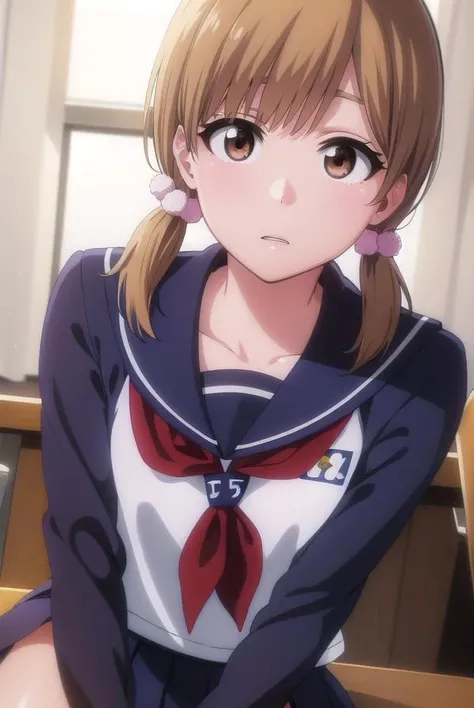 bleachyuzu, <lora:bleachyuzu-lora-nochekaiser:1>,
yuzu, short hair, brown hair, (brown eyes:1.5),
BREAK twintails, short twintails, school uniform, serafuku, neckerchief, red neckerchief, skirt, blue skirt, pleated skirt, long sleeves, white shirt, shirt, sailor collar, blue sailor collar,
BREAK looking at viewer, full body,
BREAK indoors, classroom,
BREAK <lyco:GoodHands-beta2:1>, (masterpiece:1.2), best quality, high resolution, unity 8k wallpaper, (illustration:0.8), (beautiful detailed eyes:1.6), extremely detailed face, perfect lighting, extremely detailed CG, (perfect hands, perfect anatomy),