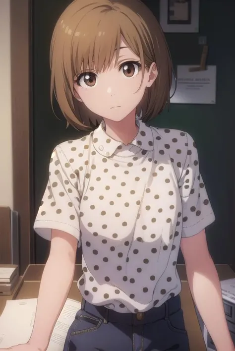 tmasterpiece, The highest quality, Misaka_mikoto, Brown eyes, watch audience, Solo、、, short_the hair、, Closed_bocchi, lapel_shirt、、, Behold the_Insert a into_peeping at the viewer, school_uniform, Camisa, blanche、_shirt、、, small_boobgasm、, Classrooms Beautiful feet sweat profusely Pushed down Wet body Shyness