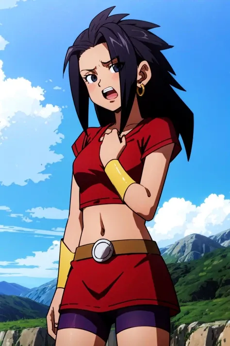 kale, masterpiece high quality, absurdres, 1girl, solo, open mouth, red skirt, black hair, navel, hair down, messy hair, earrings, sky, day, midriff, cloud, blue sky, red_crop_top, bike_shorts, gold_bracer, bike shorts under skirt, cowboy shot,
<lora:kale:0.7>