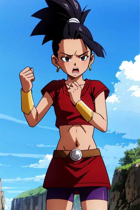 kale, masterpiece high quality, absurdres, 1girl, solo, open mouth, red skirt, black hair, navel, ponytail, earrings, sky, day, midriff, cloud, blue sky, red_crop_top, bike_shorts, gold_bracer, bike shorts under skirt, cowboy shot,
<lora:kale:0.7>