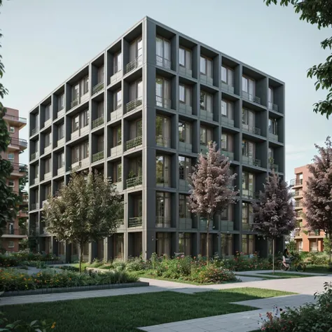 RAW photo of a co-housing residential complex, common garden, front view, flower, bush, render, matte color facade, entire building, side view, wide shot, street level view, architectural view, 8k uhd, dslr, soft lighting, high quality, film grain, Fujifilm XT3, <lora:lan_architecture_visualization:0.65>