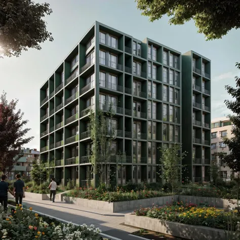 RAW photo of a co-housing residential complex, common garden, 1man, flower, bush, render, matte colored facade, entire building, side view, wide shot, street level view, architectural view, 8k uhd, dslr, soft lighting, high quality, film grain, Fujifilm XT3, <lora:lan_architecture_visualization:0.82>