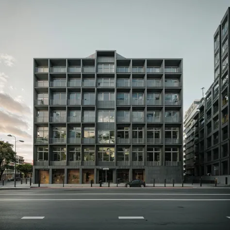 RAW photo of a building, front view, street, render, matte color facade, entire building, wide shot, street level view, architectural view, 8k uhd, dslr, soft lighting, high quality, film grain, Fujifilm XT3, <lora:lan_architecture_visualization:1>