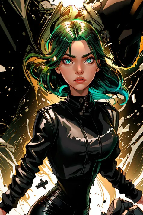 Upper body,(1girls), (Polaris X-Men, Emma Dumont, ), standing, (((Black leather jacket on black clothes))), black long pants,spiny dogfish, raytracing,subsurface scattering,sub-surface scattering, diffused soft lighting, shallow depth of field, long distance shots, magical atmosphere, (focus on face), <realistic and intricate details, cinematic light>, ((masterpiece)), (best quality: 1.1), 
(green hair, long hair, unkempt, floating hair), 
((fine facial features and beautiful eyes)), muscle, medium chest,  
 <lora:magion02_offset:1>magion02