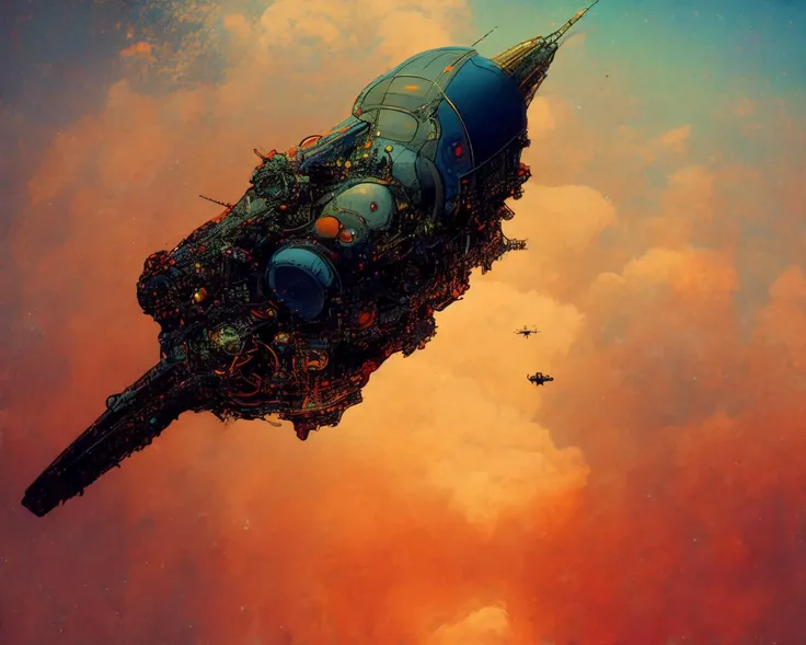 textless, photo of intricate detail heavily armed steampunk JovianSkyship floating high above the orange clouds at sunset against a starlit nights sky (photography by Cyber-Samurai:1.2)