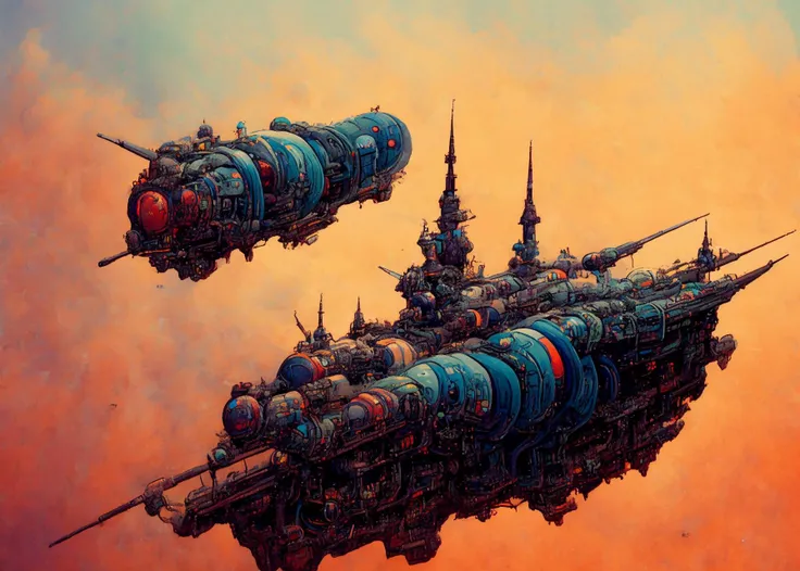 textless, JovianSkyship, jovian-skyship firing broadside artillery, turrets, cannon firing, smoke