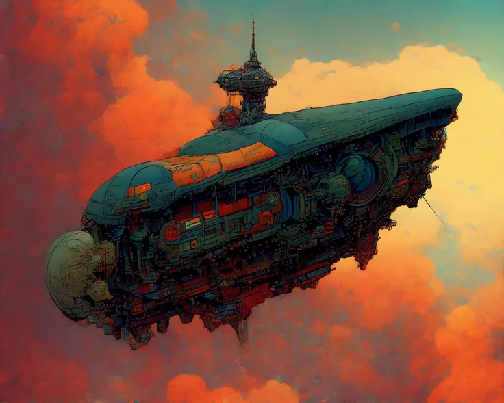 a photo of an intricate detailed heavily armed steampunk JovianSkyship floating high above the orange clouds at sunset against a starlit nights sky by moebius