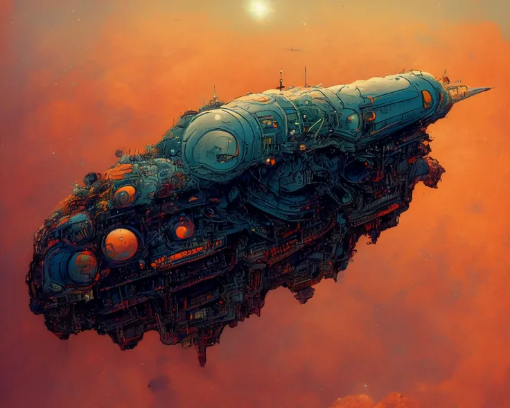 textless, photo of intricate detail heavily armed steampunk JovianSkyship floating high above the orange clouds at sunset against a starlit nights sky (photography by Cyber-Samurai:1.2)