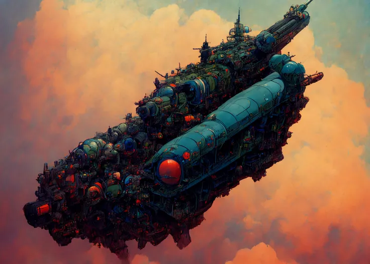 textless, JovianSkyship, jovian-skyship firing broadside artillery, turrets, cannon firing, smoke