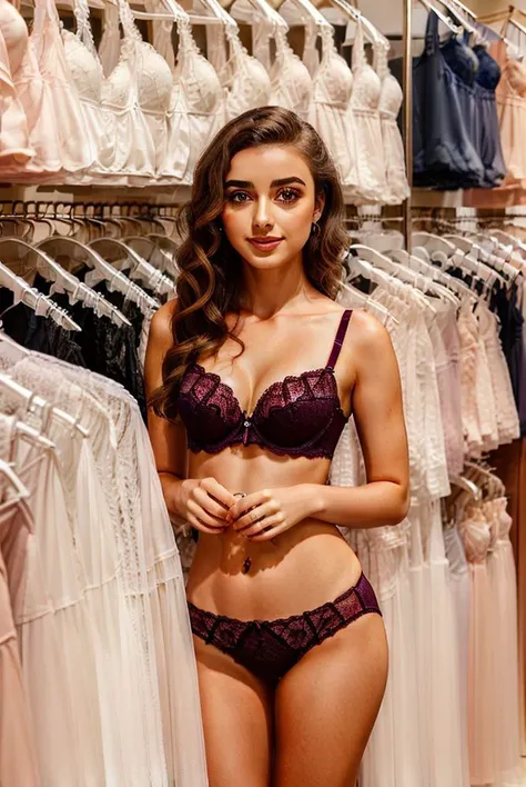 (photorealism:1.2), una sexy brown hair woman, wearing pink lingerie and black stockings , posing like a mannequin with her arms forward and her eyes on the horizon, in a shop window of a clothing store 