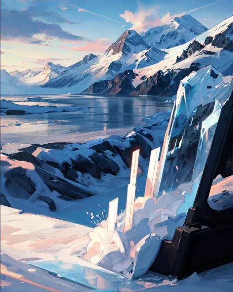 music box, natural movements,articulated legs,  morse code,  cracked BREAK Glacier, ice, snow, mountains, sunset, chilly, majestic, harsh