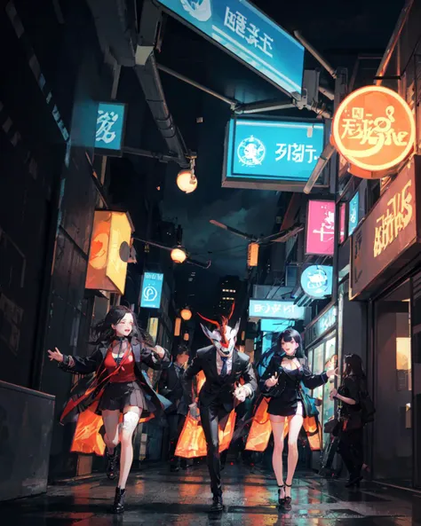 in a surreal world, the streets are lined with graffiti and neon signs. A group of robots dressed in suits and masks run through the air, their faces filled with excitement as they make contact with an array of cyberpunk-themed symbols., exquisite color, full color, complimentary colors, beautiful detailed supreme quality color intricate, glowing