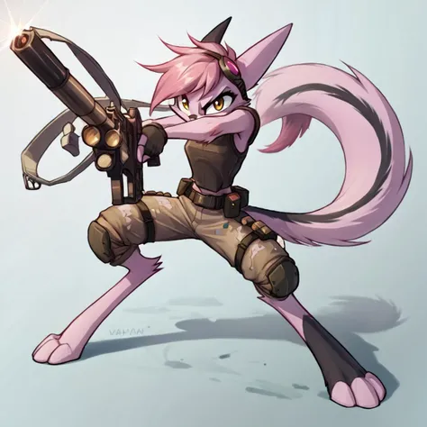 score_9, score_8_up, score_7_up, score_6_up, score_5_up, score_4_up, source_anime, BREAK 
 <lora:ViriathusPony:0.8>,viriathusvayu, 
, , solo, weapon, furry, gun, holding, tail, pink hair, animal ears, furry female, holding weapon,one leg is  dark fur color
