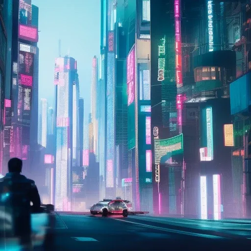 cyberpunk a futuristic city  on the buildings and cars driving down the street in front of them