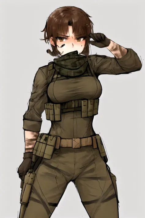 Woman of below average height, short dark blonde hair with asymmetrical bangs, dark brown eyes. Woman wearing brown camouflage suit, metallic knee pads, black boots and brown camouflage hat. brown base color, color clothes.