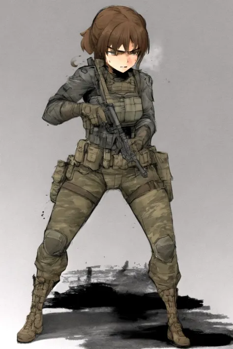 <lora:Shink4wa:1.1>,Shink4wa,wet ink brush,six color palette,soldier hero woman,sketch,subtle inking,olive,brown