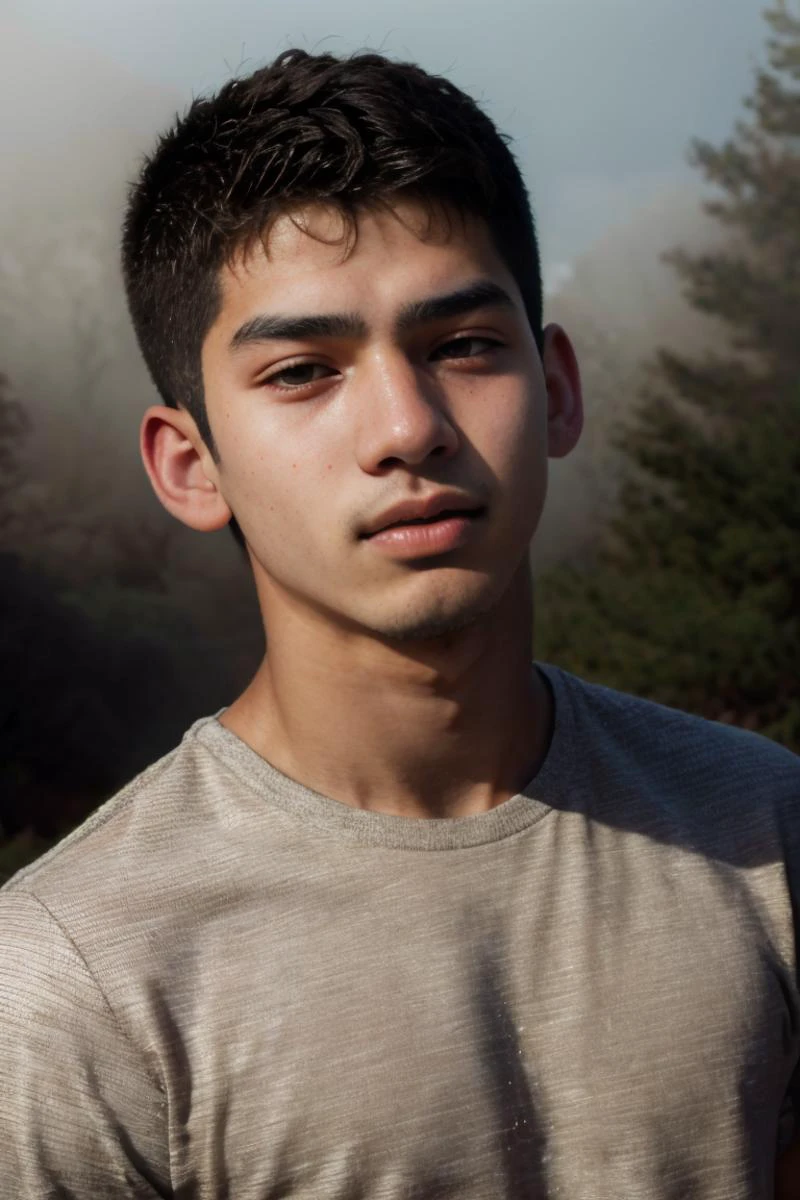 (photo RAW), Candid ((portrait)) photograph of a 18yo dg_Luis boy, confused, short hair, slender, eyes, stubble,masterpiece, top quality, best quality, official art,intricate detailed,highest detailed,depth of field,bokeh,realistic natural lighting,complex, 4k HDR, dusty atmospheric haze, high quality textures of materials, volumetric textures, coating textures, metal textures, shirt, <lora:dg_Luis_v1:0.8>