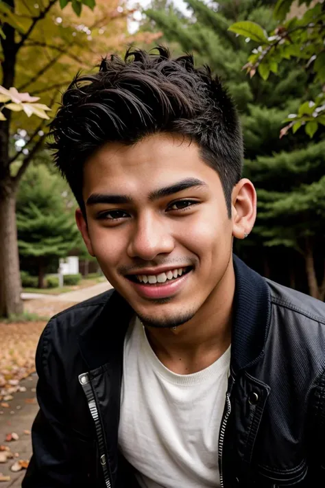 NSFW candid photograph, dg_Luis <lora:dg_Luis_v1:0.8> 18yo 1boy, stubble, , homoerotic, detailed realistic face, jacket, pants, autumn, laughing,