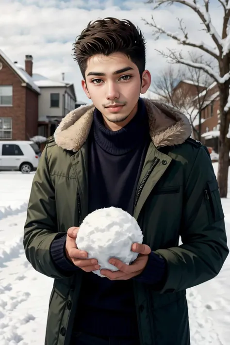 candid photograph, slender dg_Luis <lora:dg_Luis_v1:0.8> 18yo 1boy, stubble, , homoerotic, detailed realistic face,  winter, snowball fight, playful, coat, pants