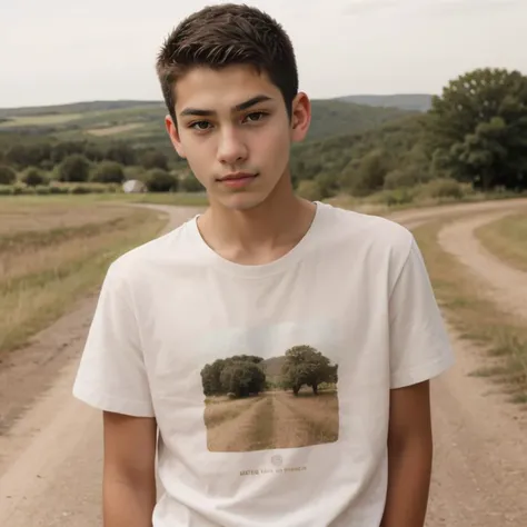 Candid photo of dg_Luis, 18yo boy, (short hair), skin imperfections, expressive, chill atmosphere, <lora:dg_Luis_v1:0.8>, 
portrait, analog style, masterpiece, short hair, casual, 
dirt road, country, rural, summer afternoon, woods, fields,