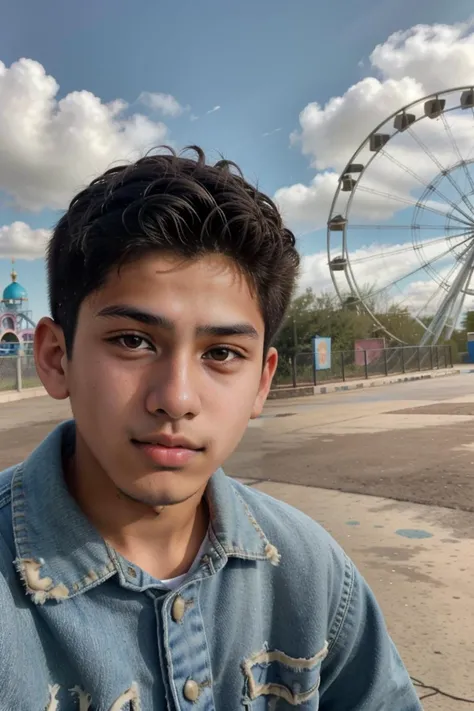 hyper realistic selfie photo of a 19yo dg_Luis boy, <lora:dg_Luis_v1:0.8>, (looking at camera:1.3), windy, wearing old trashy worn torn out clothes, in a themepark, blue skies, clouds, analog style, masterpiece