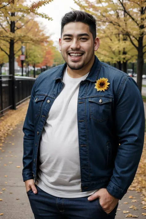 candid photograph, plump dg_Miguel <lora:dg_Miguel_v1:0.8> 26yo man, stubble, , homoerotic, detailed realistic face, jacket, t-shirt, pants, autumn, laughing,
